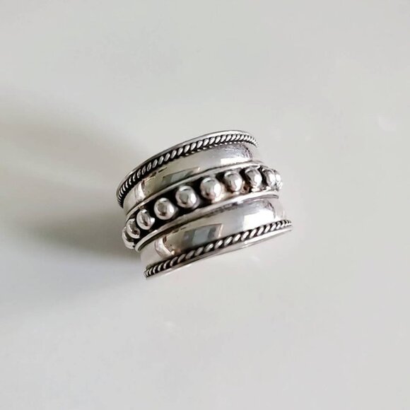Concave Ring, Sterling Silver Ring, Beaded Wide Band Ring, Thin Lightweight - Picture 3 of 6
